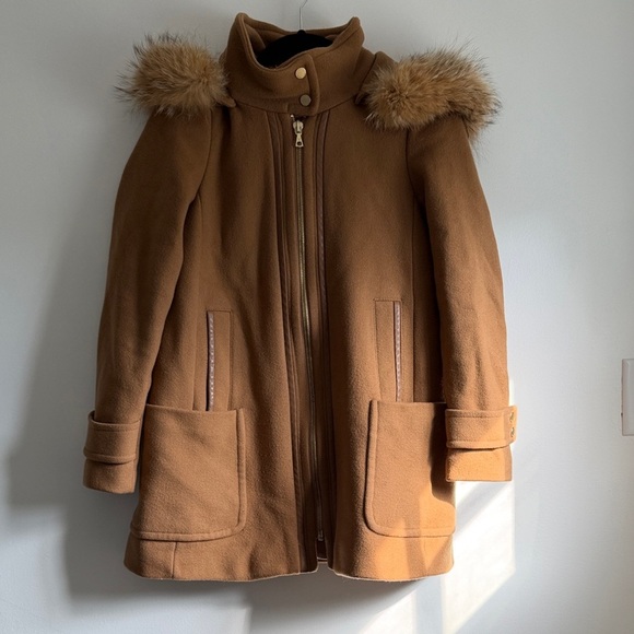 Trina Turk Jackets & Blazers - Trina Turk Tan Wool Coat with Coyote Fur Hood